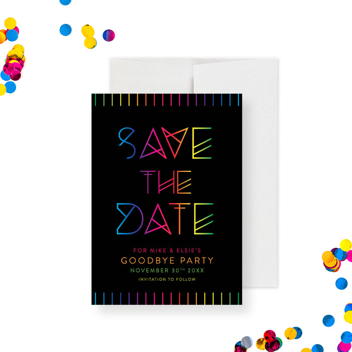 Colorful goodbye party save the date card moving away farewell announcement with rainbow lettering-front