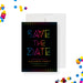 Colorful goodbye party save the date card moving away farewell announcement with rainbow lettering-front