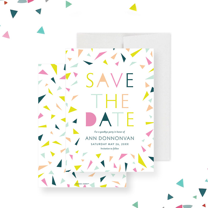Modern save the date card with colorful confetti and typography, a perfect way to give your guests advance notice in a fun, stylish way.-front-back