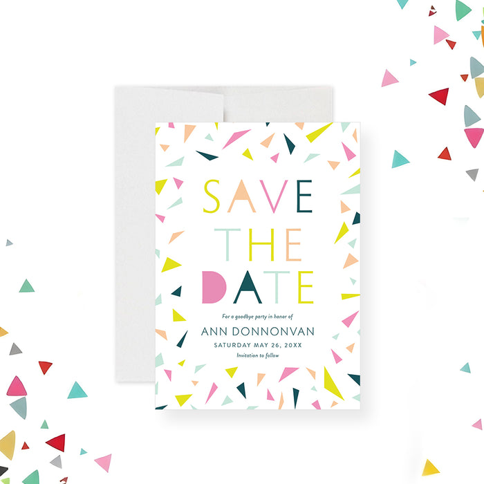 Modern save the date card with colorful confetti and typography, a perfect way to give your guests advance notice in a fun, stylish way.-front