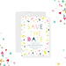 Modern save the date card with colorful confetti and typography, a perfect way to give your guests advance notice in a fun, stylish way.-front