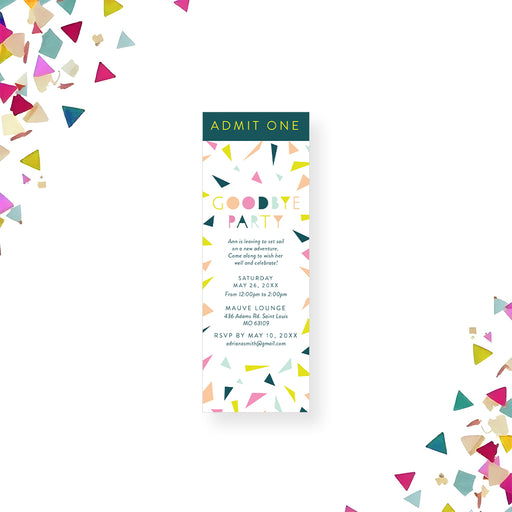 Colorful confetti goodbye party ticket invitation with modern lettering, styled as a printed event entry pass.