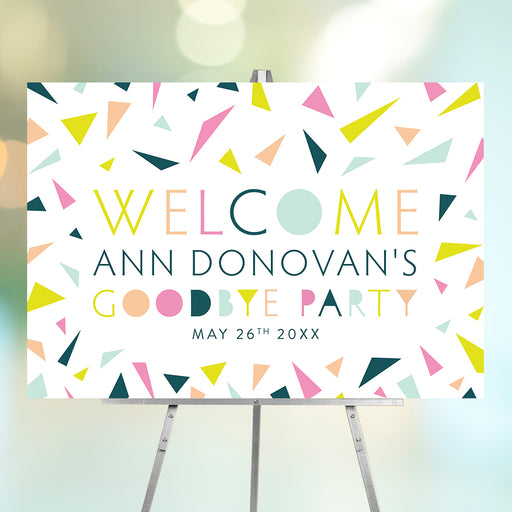 Farewell party welcome sign with a colorful confetti design, perfect for event entrances, reception areas, or photo backdrops. 