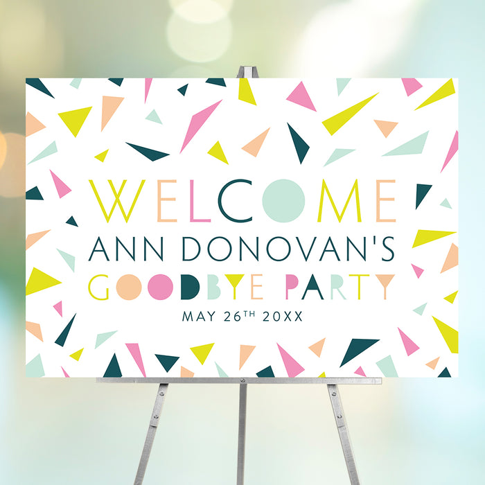 Farewell party welcome sign with a colorful confetti design, perfect for event entrances, reception areas, or photo backdrops. 