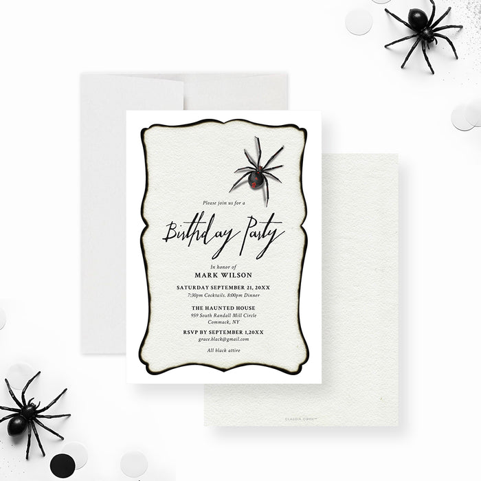Gothic spider birthday invitation featuring a black widow design and black border, ideal for spooky events.-front-back