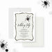 Gothic spider birthday invitation featuring a black widow design and black border, ideal for spooky events.-front-back