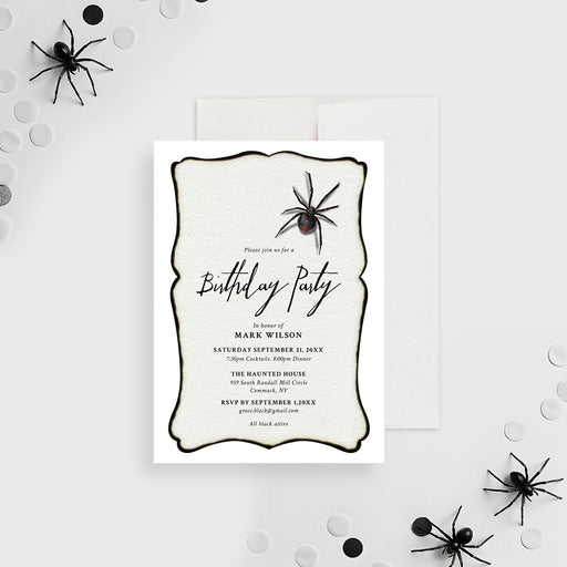 Gothic spider birthday invitation featuring a black widow design and black border, ideal for spooky events.-front