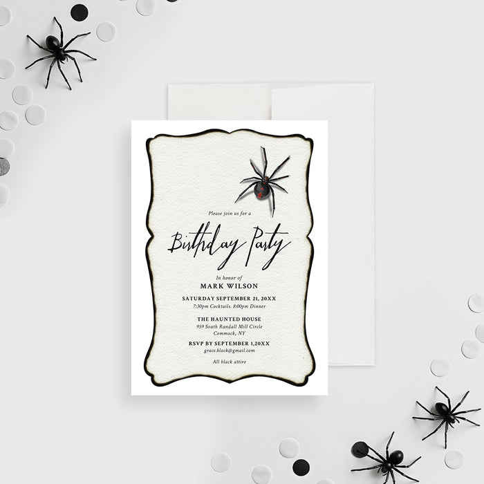 Gothic spider birthday invitation featuring a black widow design and black border, ideal for spooky events.-front