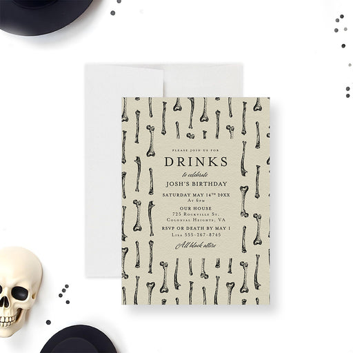 Gothic birthday invitation featuring an eerie vintage bone pattern, customizable spooky party details.-front