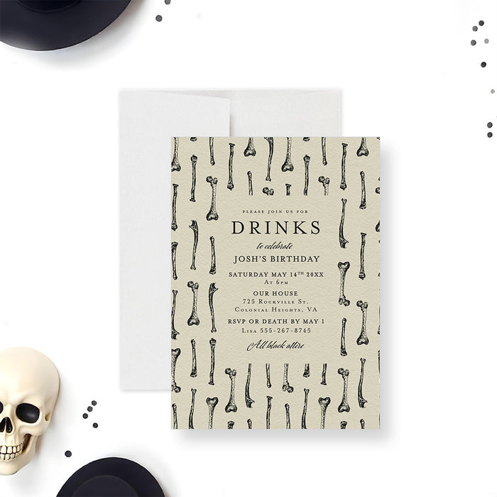 Gothic birthday invitation featuring an eerie vintage bone pattern, customizable spooky party details.-front