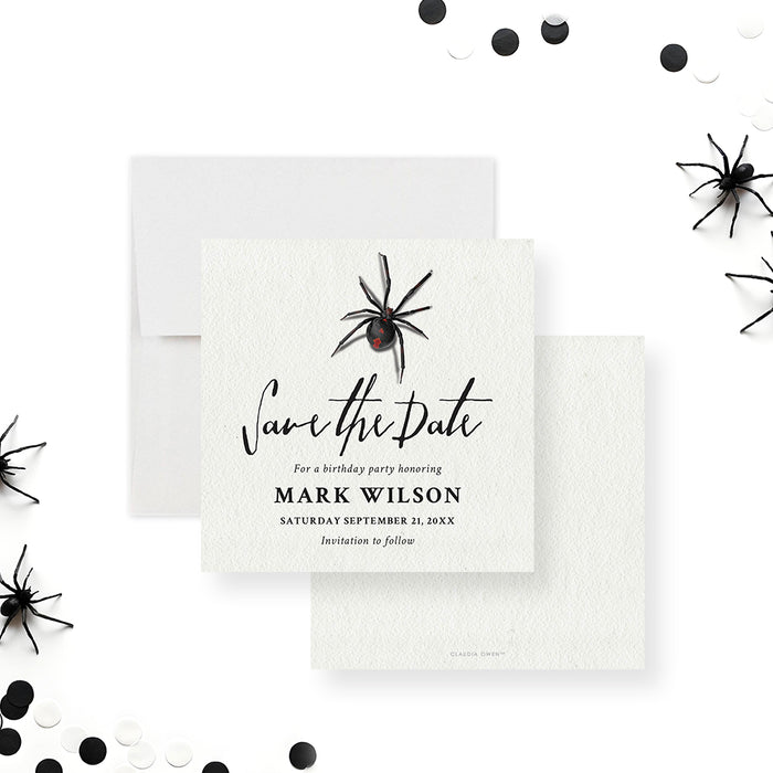 Save the date card featuring a black widow spider design, ideal for Halloween parties or spooky birthdays.-front-back