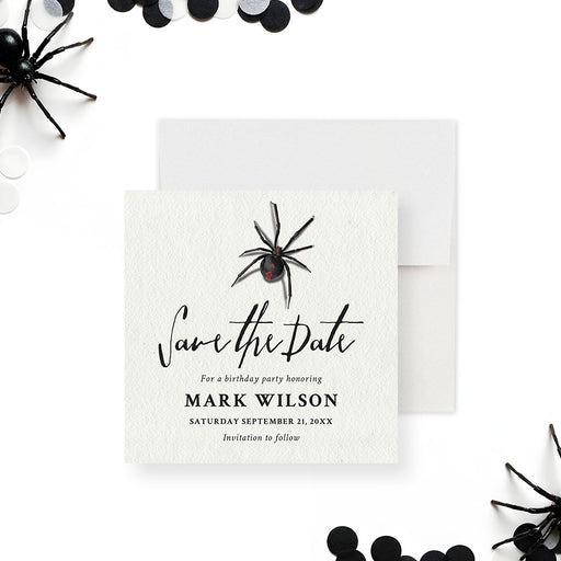 Save the date card featuring a black widow spider design, ideal for Halloween parties or spooky birthdays.-front