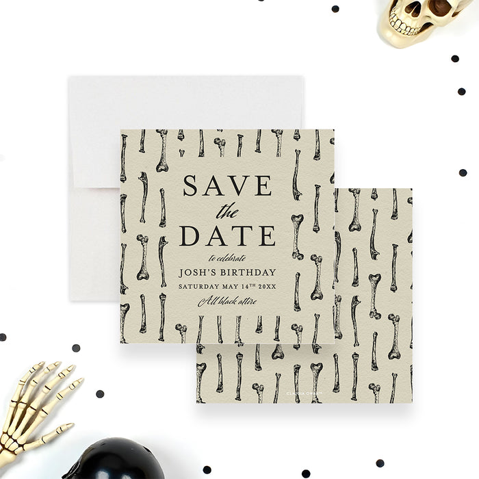 Personalized gothic birthday save the date card with black bone illustrations-front-back