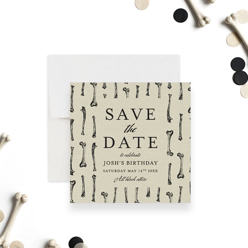 Personalized gothic birthday save the date card with black bone illustrations-front