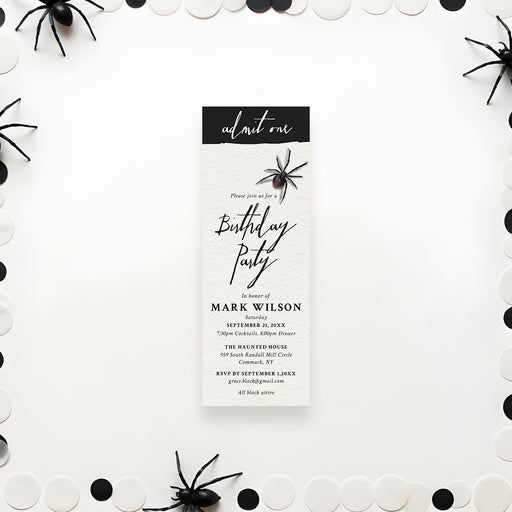 Spooky birthday ticket invite featuring a black widow spider, customizable for goth-themed events.