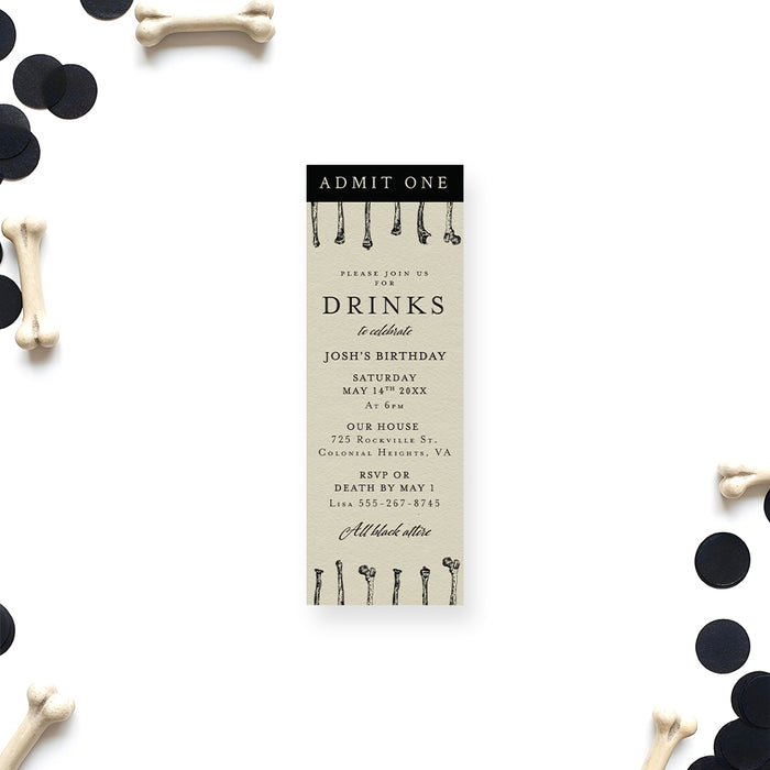 Gothic birthday party ticket invitation featuring a skeleton illustration, personalized for a fun and spooky celebration. 