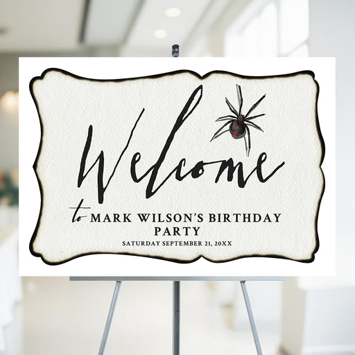 Personalized birthday welcome sign featuring a black widow spider, ideal for spooky gothic events.