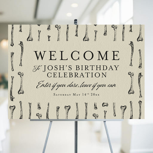 Gothic birthday welcome sign featuring a skeleton bone illustration, ideal as entrance décor or a photo backdrop.