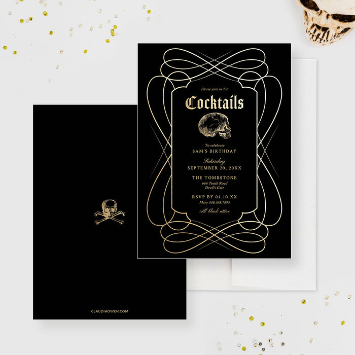 Gothic cocktail party digital invitation featuring black and gold design with vintage skull illustration