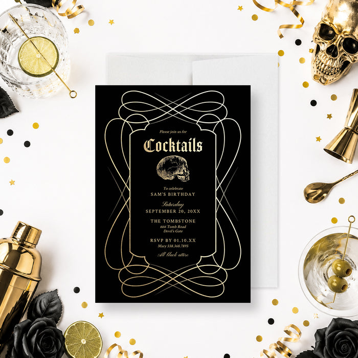 Gothic cocktail party digital invitation featuring black and gold design with vintage skull illustration