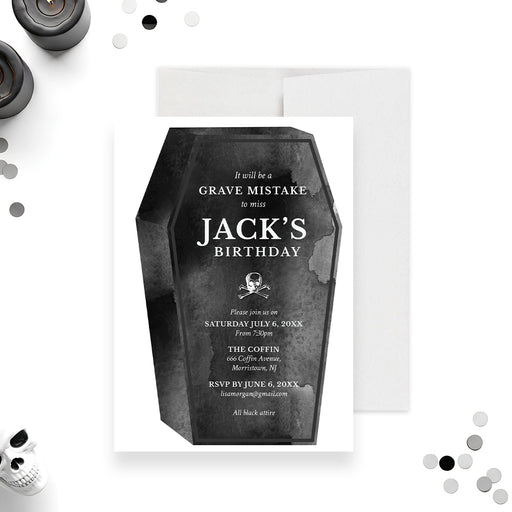 printed gothic coffin birthday invitation with dark watercolor coffin design, skull detail, and personalized spooky birthday party wording-front