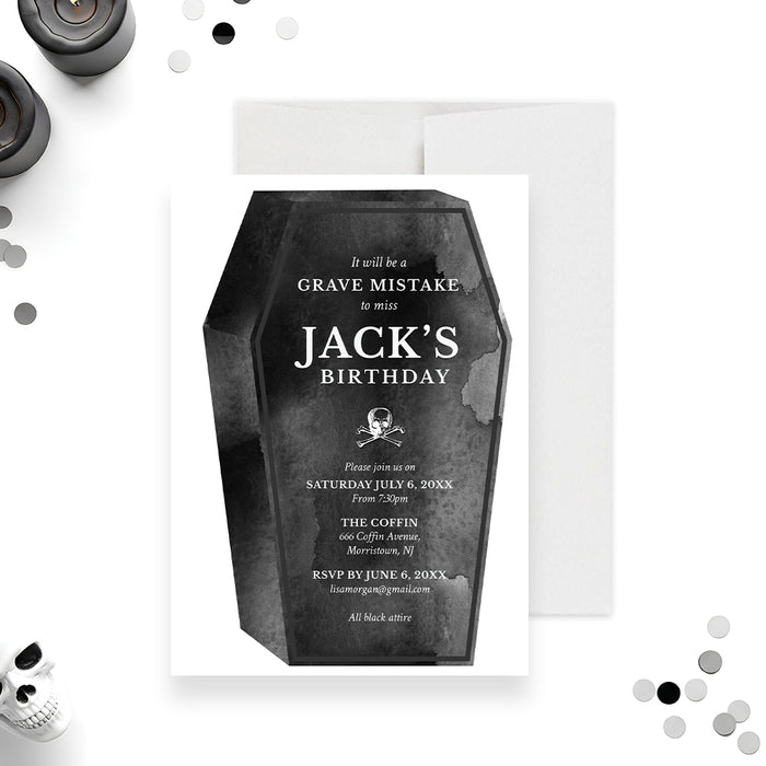 printed gothic coffin birthday invitation with dark watercolor coffin design, skull detail, and personalized spooky birthday party wording-front