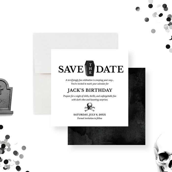 gothic coffin birthday save the date card with black lettering, skull detail, and personalized spooky party wording-front-back