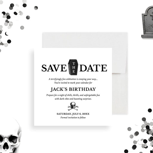 gothic coffin birthday save the date card with black lettering, skull detail, and personalized spooky party wording-front