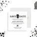 gothic coffin birthday save the date card with black lettering, skull detail, and personalized spooky party wording-front