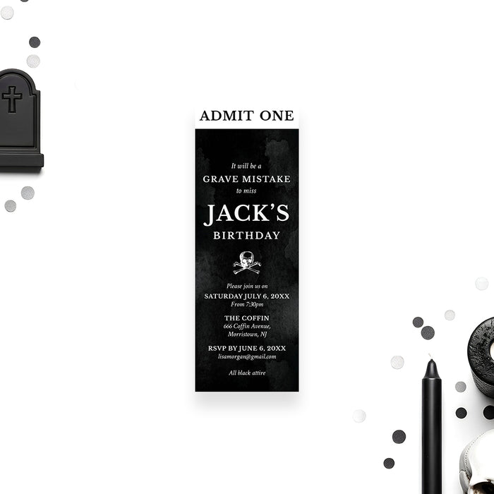 gothic birthday ticket invitation with a black background, skull and crossbones illustration, and party details