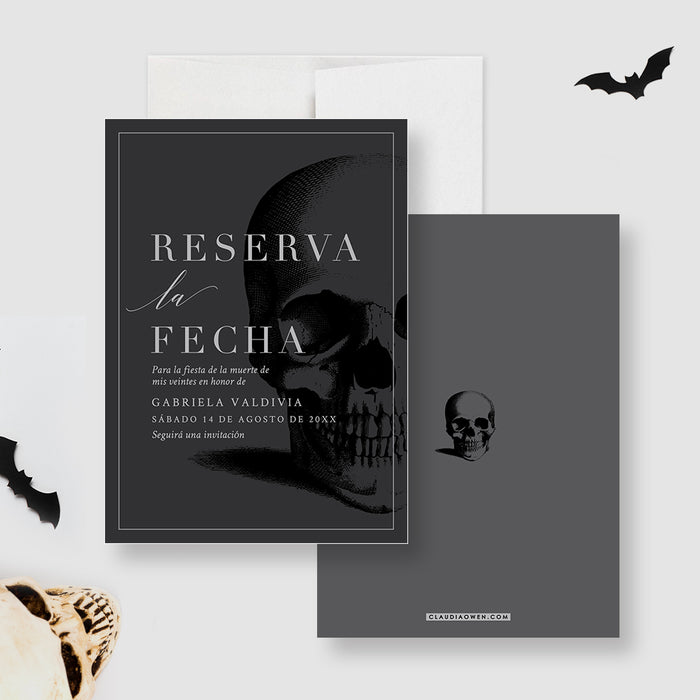 Gothic save the date card with skull illustration and Spanish text “Reserva la Fecha” for a Death to My Youth themed birthday party.-front-back