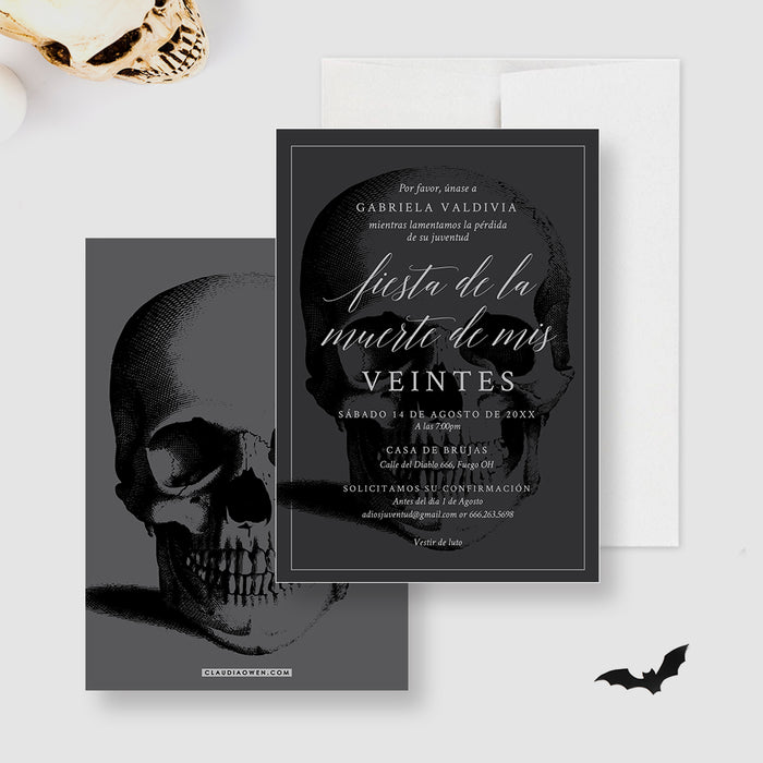 Gothic skull birthday party invitation with Spanish text “Fiesta de la Muerte de Mis Veintes” for a death to my 20s celebration.-front-back