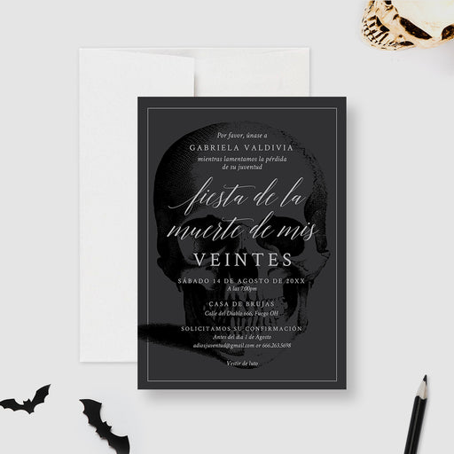 Gothic skull birthday party invitation with Spanish text “Fiesta de la Muerte de Mis Veintes” for a death to my 20s celebration.-front