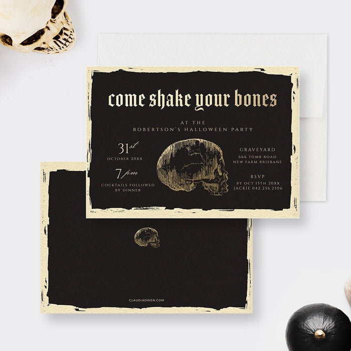 Halloween themed invitation card with a skull illustration and the text 'Come shake your bones' for a party.
