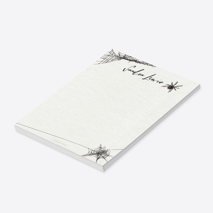 Personalized spider notepad featuring a black widow spider and cobweb illustration, perfect for custom gothic stationery gifts.-side