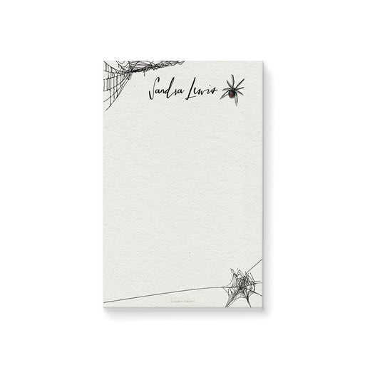 Personalized spider notepad featuring a black widow spider and cobweb illustration, perfect for custom gothic stationery gifts.