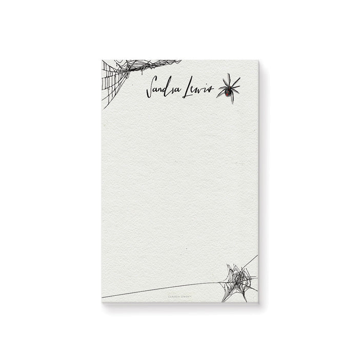 Personalized spider notepad featuring a black widow spider and cobweb illustration, perfect for custom gothic stationery gifts.