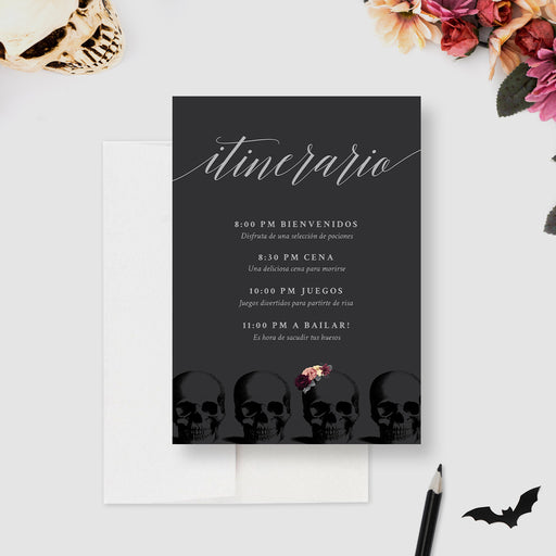 Dark gothic skull party itinerary card with floral accents and Spanish event schedule for a themed birthday celebration.
