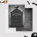 Gothic Halloween party invitation featuring a tombstone design with a raven perched on top and dark spooky background