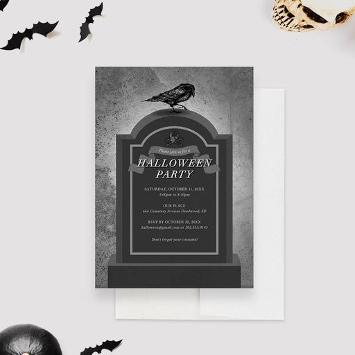 Gothic Halloween party invitation featuring a tombstone design with a raven perched on top and dark spooky background