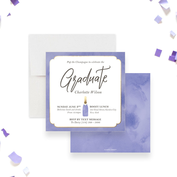 Graduation party invitation featuring a lavender champagne bottle design, perfect for champagne parties or graduation celebrations.-front-back