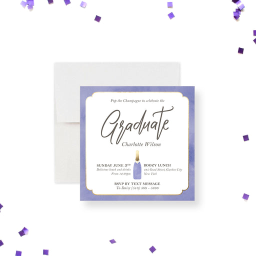 Graduation party invitation featuring a lavender champagne bottle design, perfect for champagne parties or graduation celebrations.-front