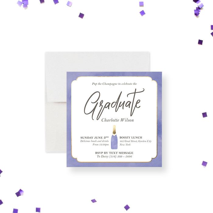 Graduation party invitation featuring a lavender champagne bottle design, perfect for champagne parties or graduation celebrations.-front