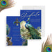 Elegant royal blue graduation party invitation accented with a peacock illustration and botanical details-front-back