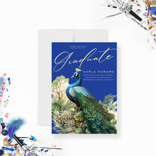 Elegant royal blue graduation party invitation accented with a peacock illustration and botanical details-front