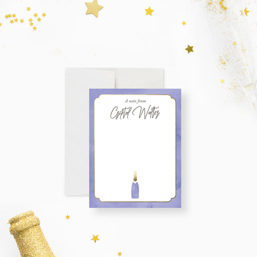 A personalized note card featuring an illustration of a champagne bottle, perfect for elegant thank-you stationery for graduation parties.-front