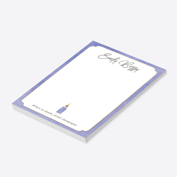 Personalized notepad with lavender border and champagne bottle illustration, elegant women’s stationery-side