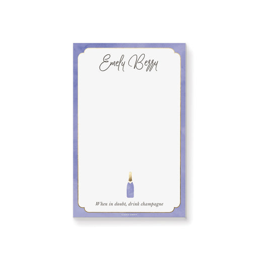 Personalized notepad with lavender border and champagne bottle illustration, elegant women’s stationery