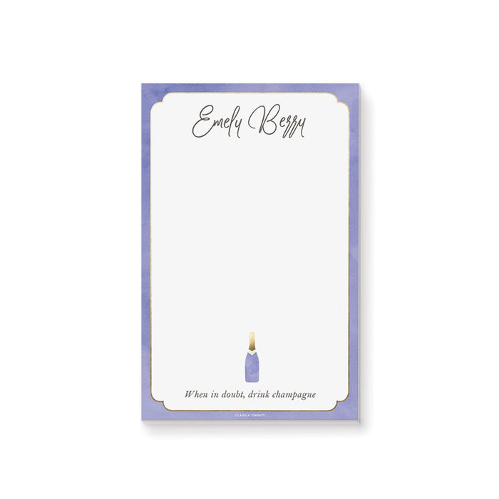 Personalized notepad with lavender border and champagne bottle illustration, elegant women’s stationery