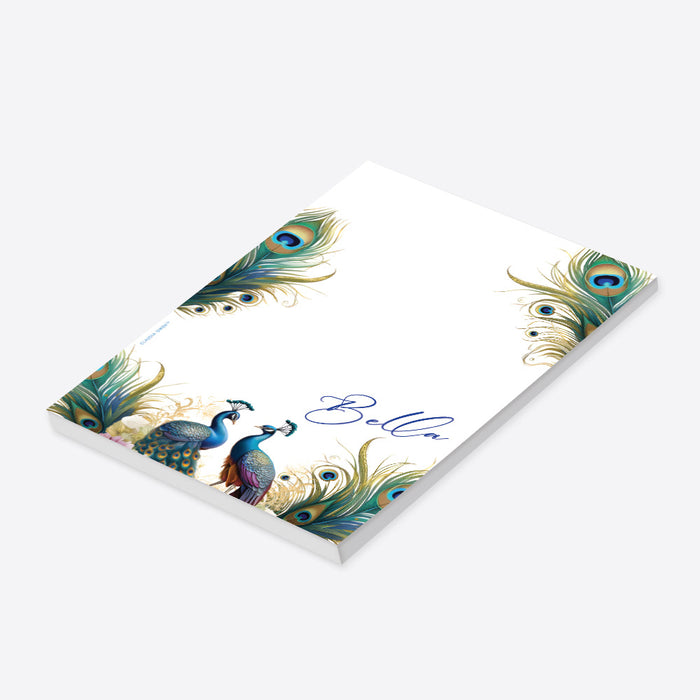 Personalized peacock-themed notepad with two elegant peacocks, a stylish stationery choice for women.-side